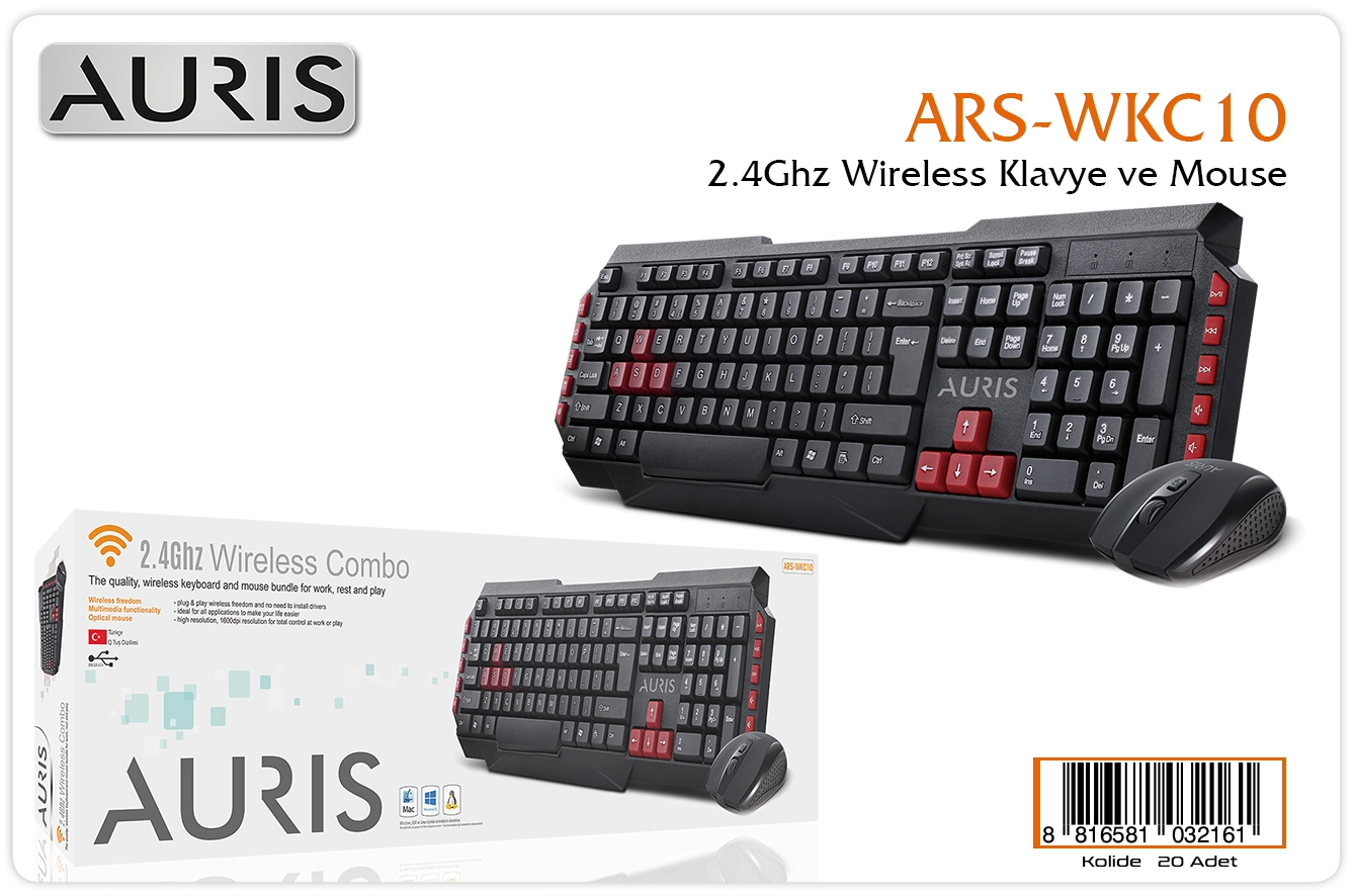 Auris WKC10 2,4 GHz Kablosuz Klavye & Mouse Set – Wireless USB Klavye Mouse Paketi
