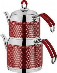 Sıla Mihrimah Kırmızı Çaydanlık No:3 - Desenli Paslanmaz Çelik Çay Seti