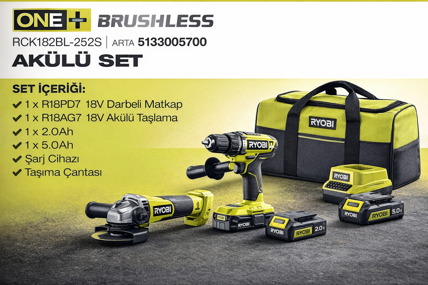 Ryobi RCK182BL-252S 18V Akülü Matkap + Taşlama Seti (2.0Ah + 5.0Ah Çift Akü) – Profesyonel Güç