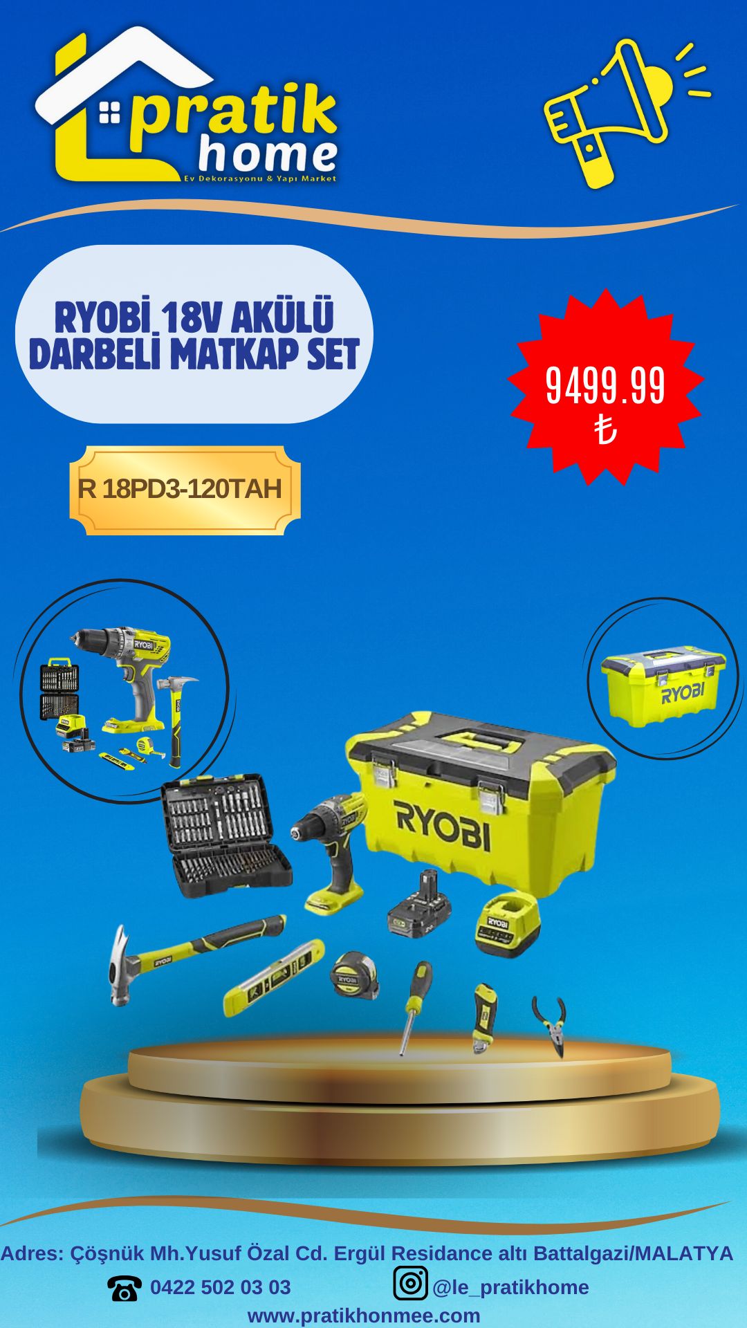 RYOBİ R18PD3-120TAH 18V AKÜLÜ DARBELİ MATKAP SET