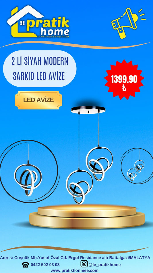 2 Lİ SİYAH MODERN SARKID LED AVİZE