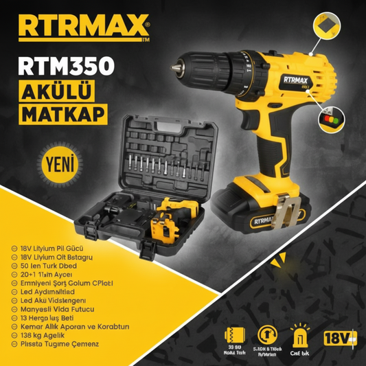 RTRMAX RTM350 Çift Akülü 1.5 Ah Matkap Seti