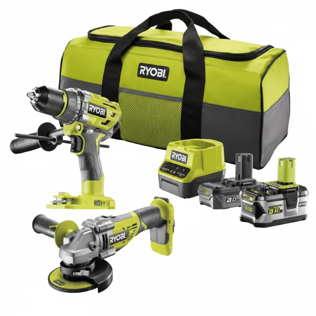 Ryobi RCK182BL-252S 18V Akülü Matkap + Taşlama Seti (2.0Ah + 5.0Ah Çift Akü) – Profesyonel Güç