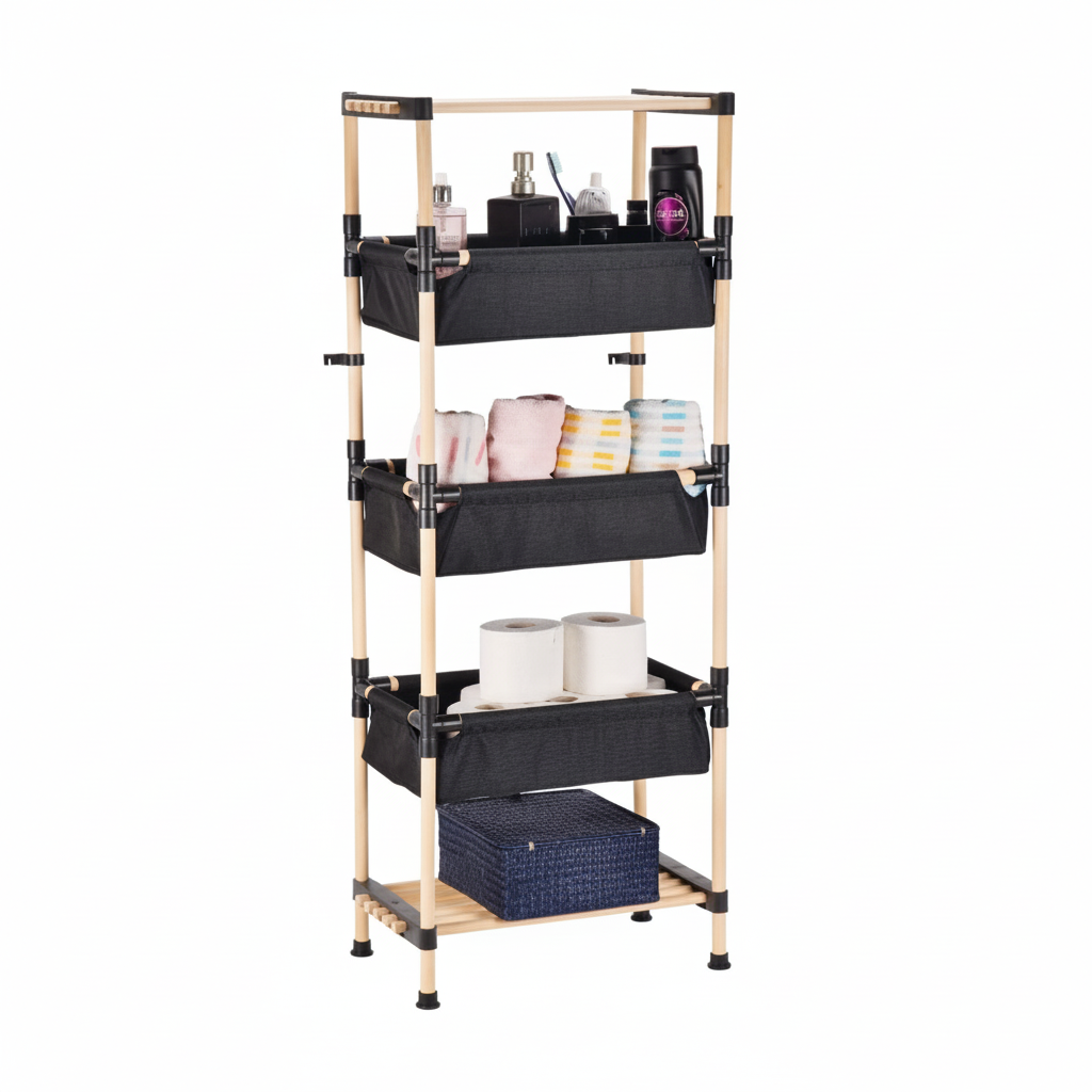 SEOWOOD Ahşap Çok Amaçlı Modüler 3 Kumaş Sepetli Raf 50 cm Genişlik